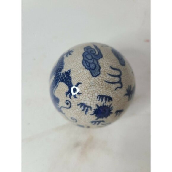 ANTIQUE Chinese Dragon Porcelain Ball Sphere Blue - Picture 1 of 4